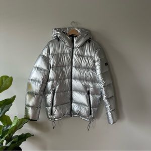 Calvin Klein silver metallic hooded puffer coat